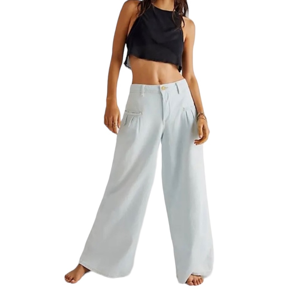 Free People Charlie Wide Leg  High Rise Light Blue Wash Jeans - Picture 3 of 10